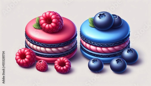 Two macarons in raspberry and blueberry flavors, white background