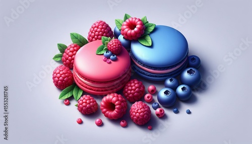 Two macarons in raspberry and blueberry flavors, white background