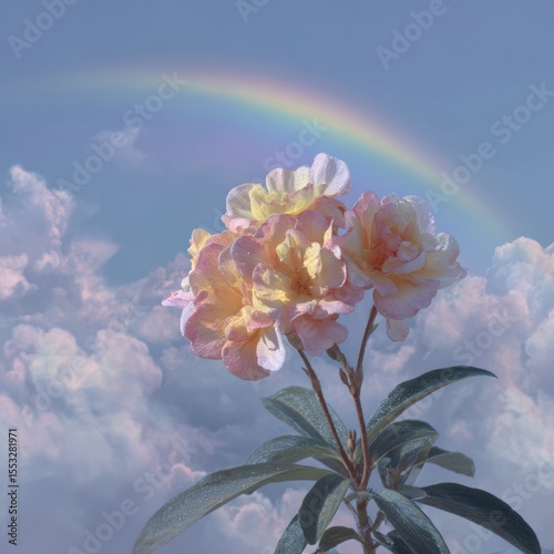 Dreamy Floral Serenity Pink Petaled Roses Beneath Ethereal Rainbow Sky Beautiful Bloom Clouds