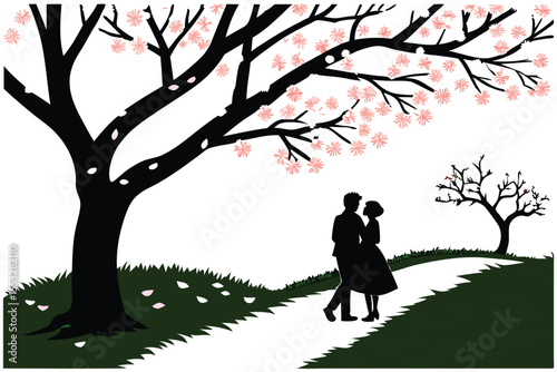 Romantic couple silhouetted under a blooming cherry blossom tree