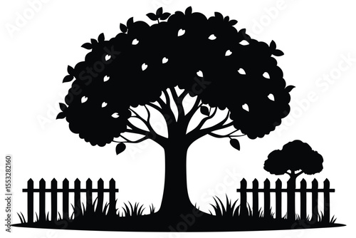 Black Silhouette of Trees and Fence in a Garden or Yard Scene