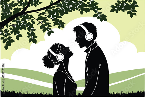 Romantic couple sharing music with headphones enjoying a moment together