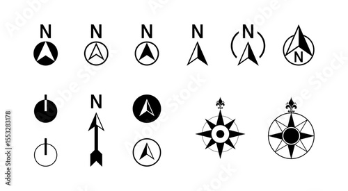 Basic North Arrow Mark Sign Symbol Icon Set for Site Plan and Map Orientation. Vector Image.