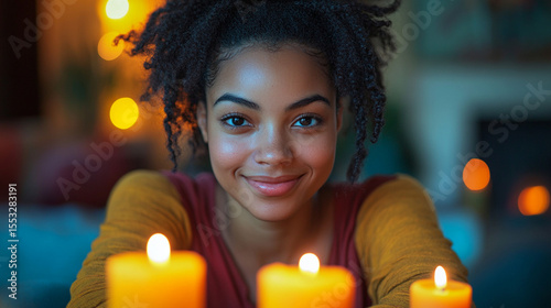 Woman with candles in cozy home with festive lights