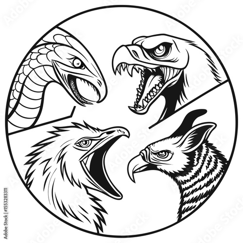 Tattoo Illustration of four roaring Animal Line Art Vector with Minimalist Clip Art Silhouette for Creative Poster Decor and Printable Design in Modern Ink Style