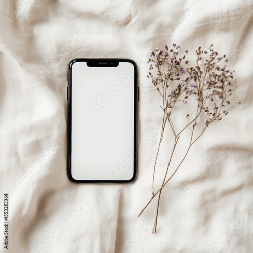 Minimalist smartphone display with delicate flowers on soft fabric background