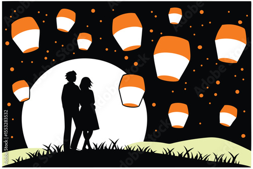 Romantic couple silhouette with glowing paper lanterns against a starry night sky
