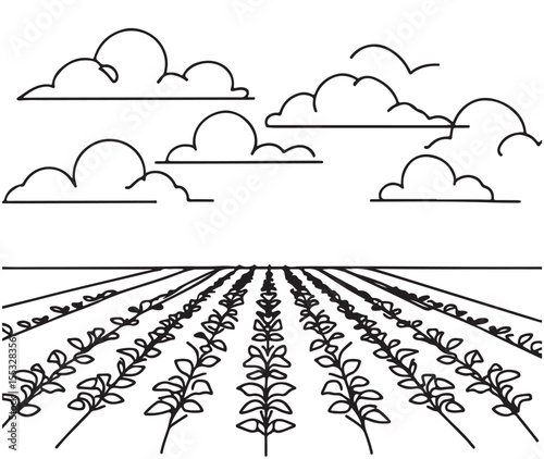 Farm field landscape sketch. Hand drawn silhouette