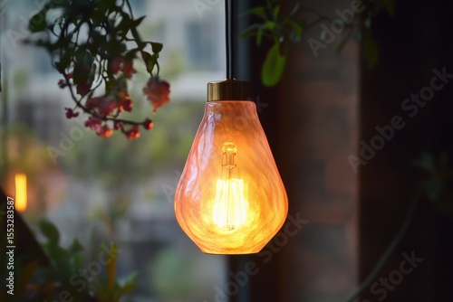 A light bulb hanging from a plant. The light bulb is orange and the plant is pink. A glowing vintage light bulb that embodies a unique blend of artistry and nostalgia.