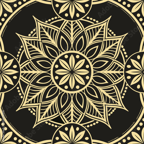 Elegant Gold Mandala – Intricate Floral Pattern on Black Background