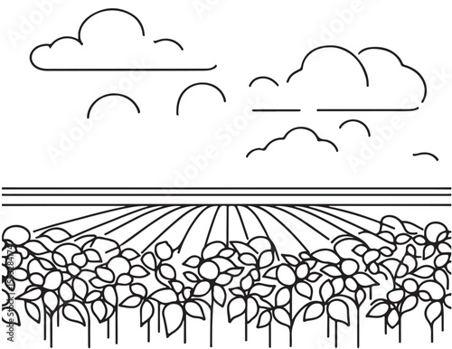 Farm field landscape sketch. Hand drawn silhouette