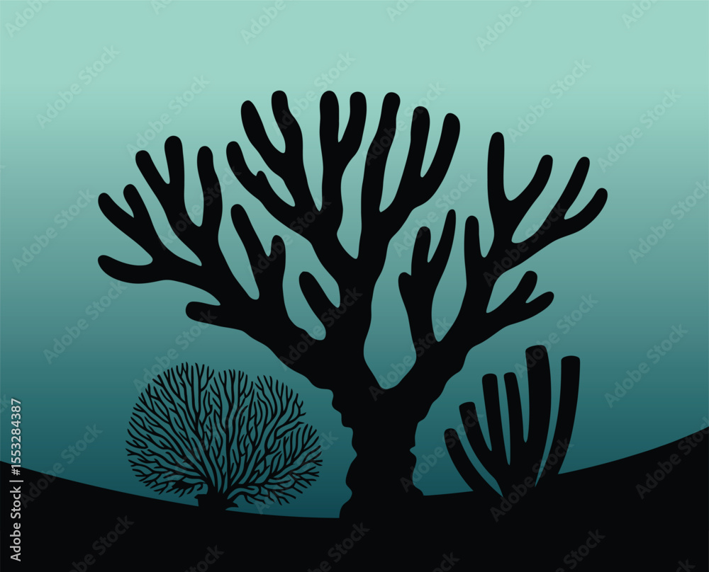 Black silhouette vector illustration, coral and sea life, underwater plant life. Black silhouette vector illustration, coral and sea life, underwater plant life.