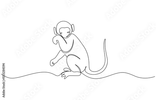 One continuous line drawing of Spider Monkey vector illustration, Elegant galada monkey illustration in continuous line drawing. Monkey single line art vector illustration. Editable vector