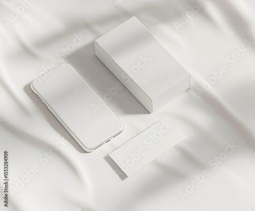 Minimalistic white smartphone with box and card on elegant fabric surface