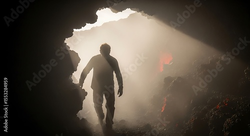 Explorer walks into a cave with lava and dramatic lighting creating a sense of adventure and discovery