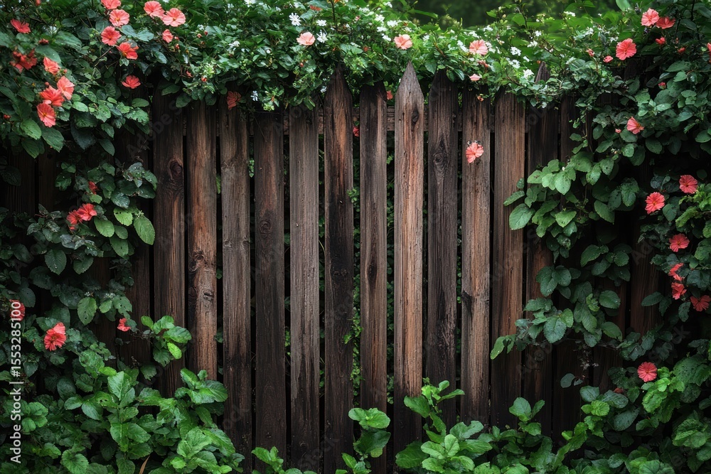 Fototapeta premium Wooden Garden Fence Surrounded by Lush Greenery and Blooming Flowers