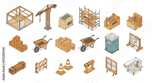 Isometric Construction Elements and Buildings, 15 Icon Set