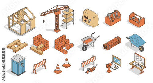 Isometric Construction Elements and Buildings, 15 Icon Set