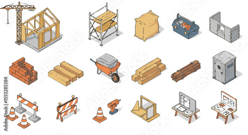 Isometric Construction Elements and Buildings, 15 Icon Set