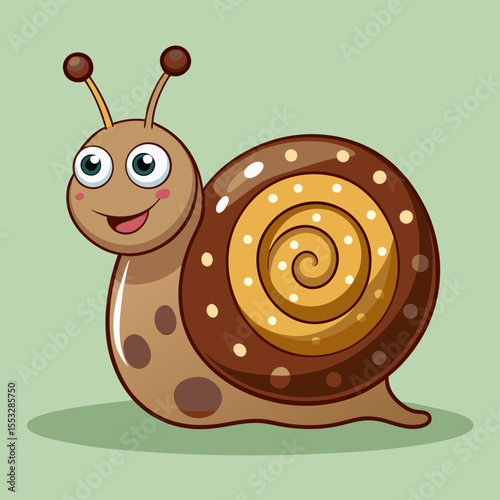 Cute cartoon snail with big eyes and a patterned shell smiling happily