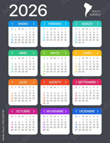 2026 Calendar - vector illustration - Spanish South Latin American Version