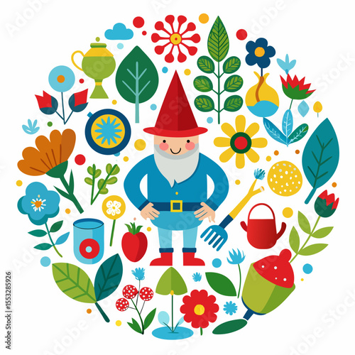 Cute cartoon gnome surrounded by colorful garden elements and flowers in a circle