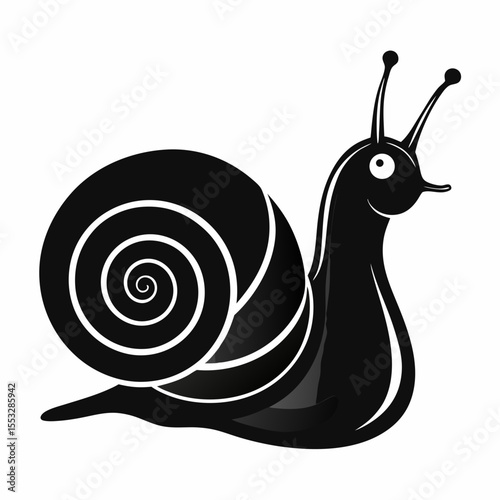 Cute black snail with a spiral shell and antennae on a white background