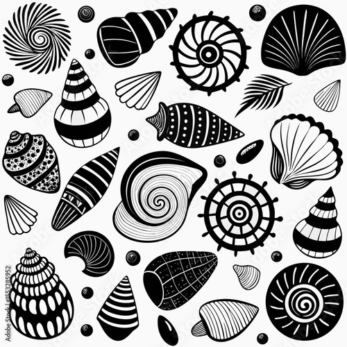 Collection of stylized black and white seashell and nautical elements