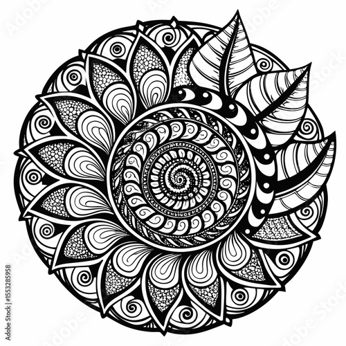 Intricate black and white mandala with swirling patterns and floral elements