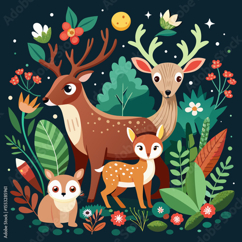 Charming deer family and forest friends in a magical moonlit woodland scene