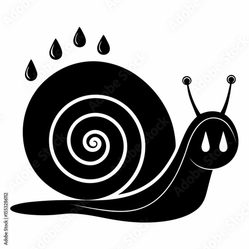 Cute black snail with raindrops on its shell and happy face
