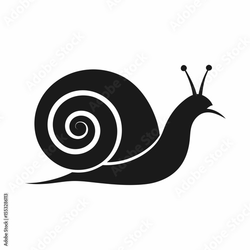 Stylized black silhouette of a snail with a spiral shell on a white background