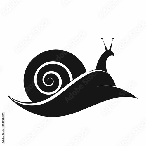 Stylized black silhouette of a snail with a swirling shell on a white background