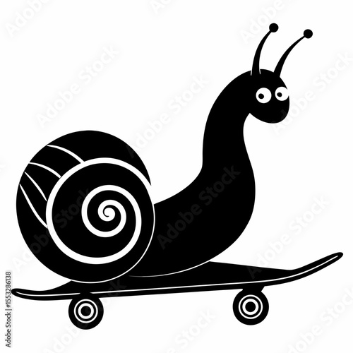 Funny black silhouette of a snail riding a skateboard with a surprised expression