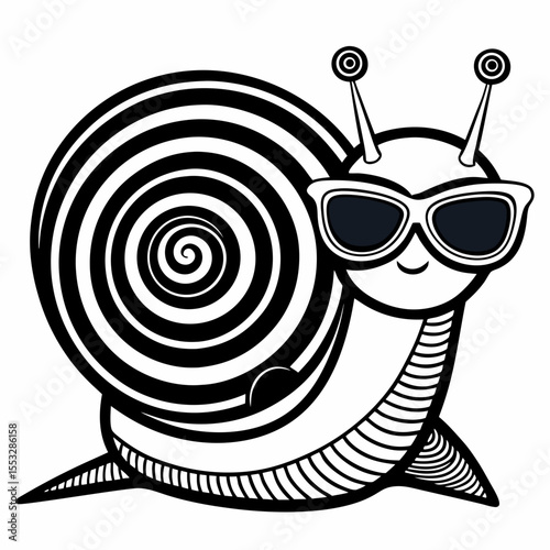 Cool cartoon snail wearing sunglasses with a striped shell and antennae
