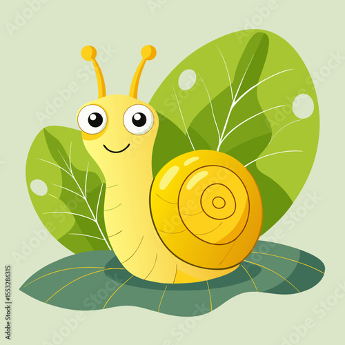 Cute smiling yellow cartoon snail with big eyes on green leaves