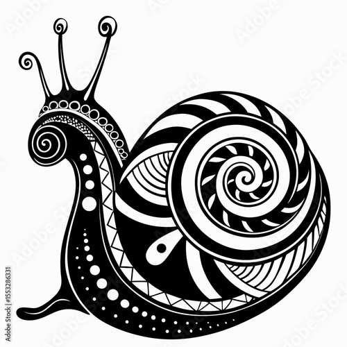 Intricate black and white ornamental snail with swirling shell and decorative patterns