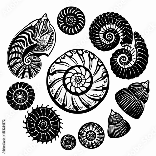 Collection of stylized black and white ammonite and nautilus shell fossils
