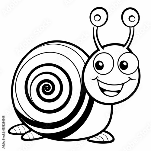 Happy cartoon snail with big eyes and a wide smile on a white background