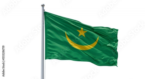 Mauritania's vibrant green flag billows proudly in the wind, its golden crescent moon and star shining bright. photo