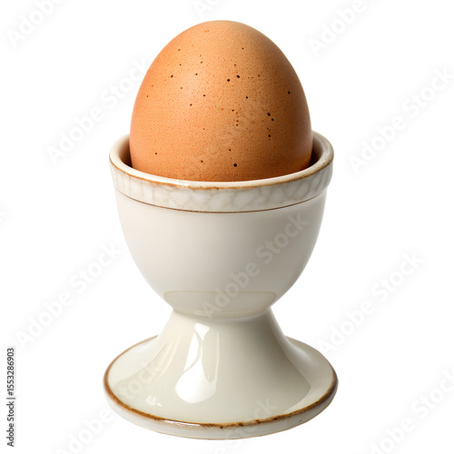 Brown egg in a white ceramic egg cup isolated on transparent background