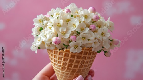 Waffle Cone Filled with Delicate White Blossoms a Creative Sweet Treat on Light Pink Backdrop