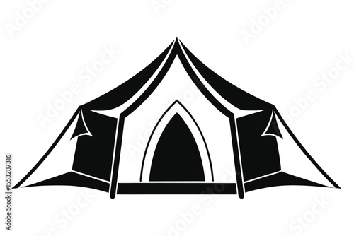 Black and White Illustration of a Camping Tent with Awning and Archway Entrance