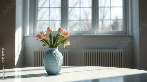 Pastel tulips in a sculpted vase catch the sunlight, bringing fresh color to an indoor setting.