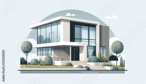Modern house design illustration with minimalist landscaping.