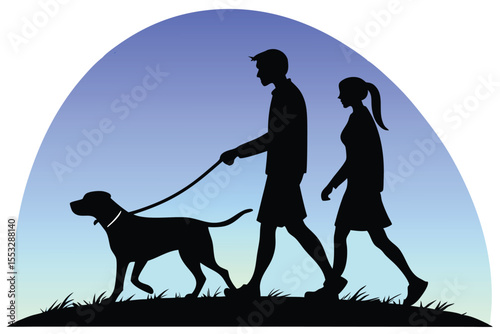 Silhouette of a couple walking their dog in a park scene