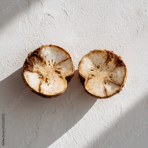 Two Sliced Celery Roots Showcase the Natural Texture and Detail on a White Surface in Bright Sunlight