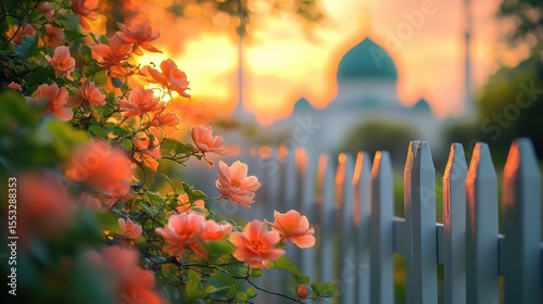 Romantic orange sunrise blooms near a white fence with a mosque dome background soft focus