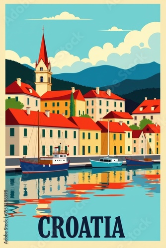 Wallpaper Mural Colorful retro travel poster promoting tourism in Croatia, featuring charming houses, boats, a church, and mountains reflecting in the calm water Torontodigital.ca