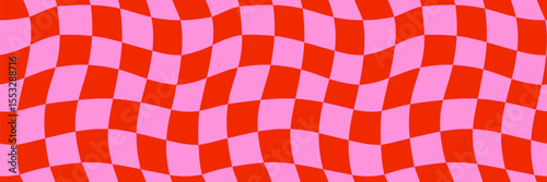 Seamless retro checker pattern background with red and pink wavy squares in g...